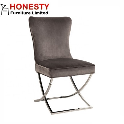 HM042 Wholesale Modern French Luxury Hotel Restaurant Dining Room Upholstered Fabric Stainless Steel Scarlett Dining Chair